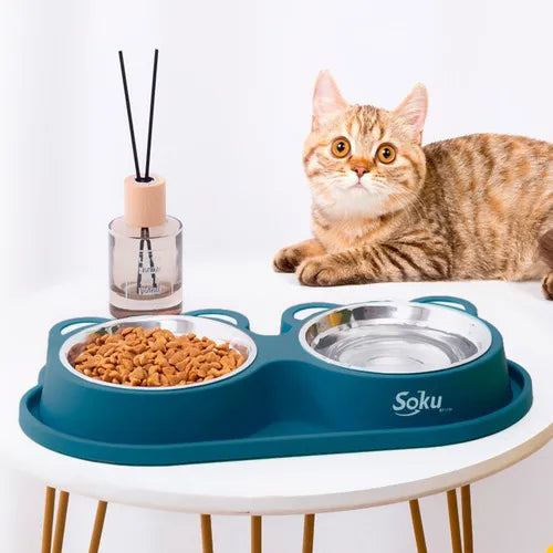 Tazon Doble Plato Para perro y gato Antiderrapante Acero Inoxidable