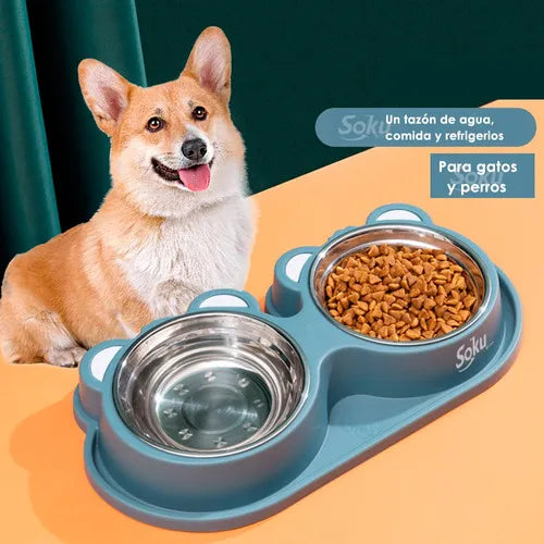 Tazon Doble Plato Para perro y gato Antiderrapante Acero Inoxidable