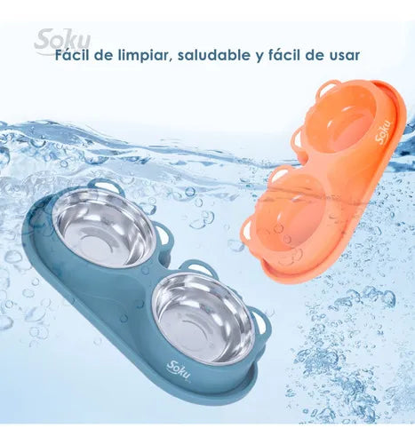 Tazon Doble Plato Para perro y gato Antiderrapante Acero Inoxidable